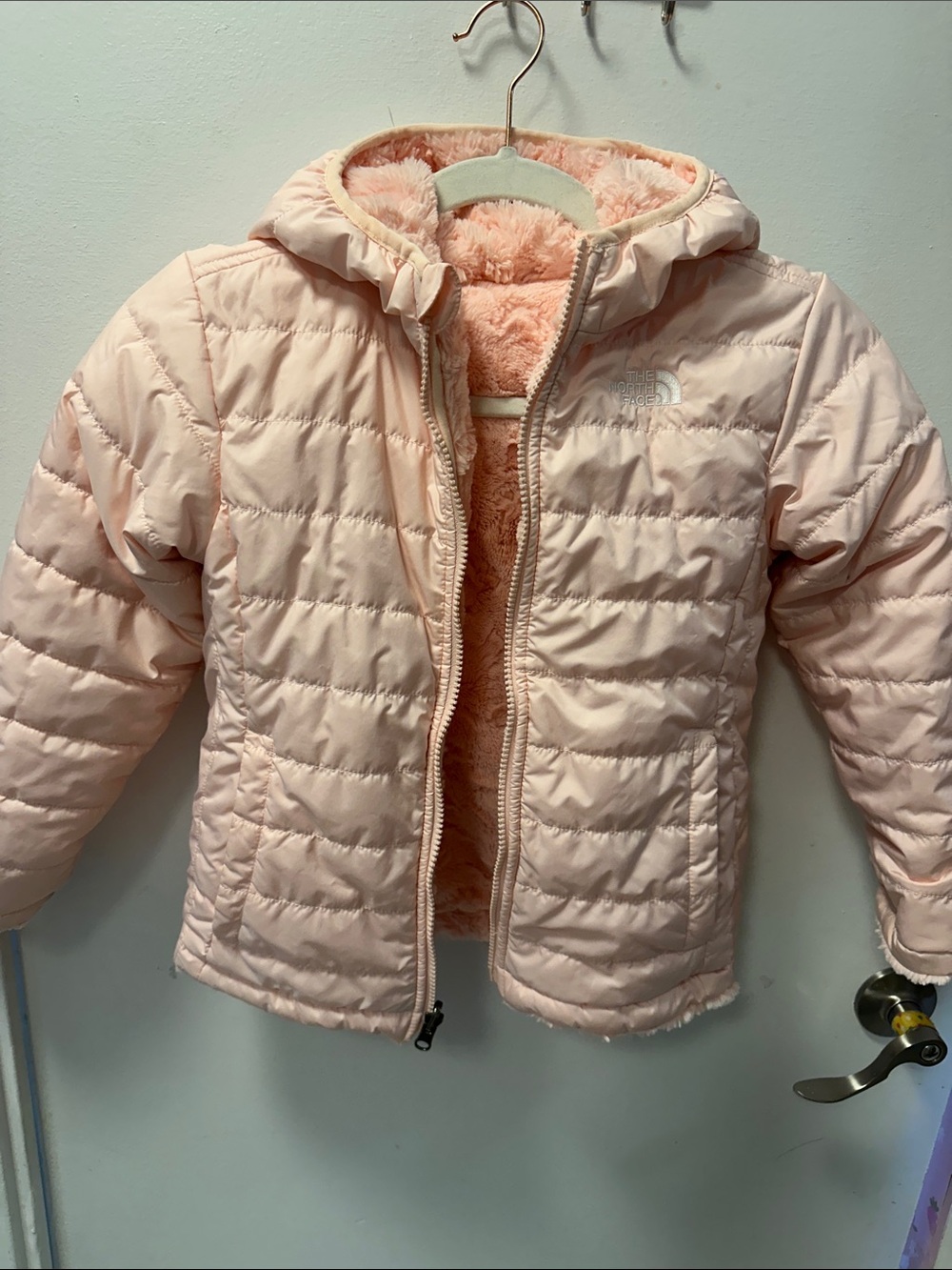 The North Face Toddler Light Pink Hooded Reversible Puffer Jacket